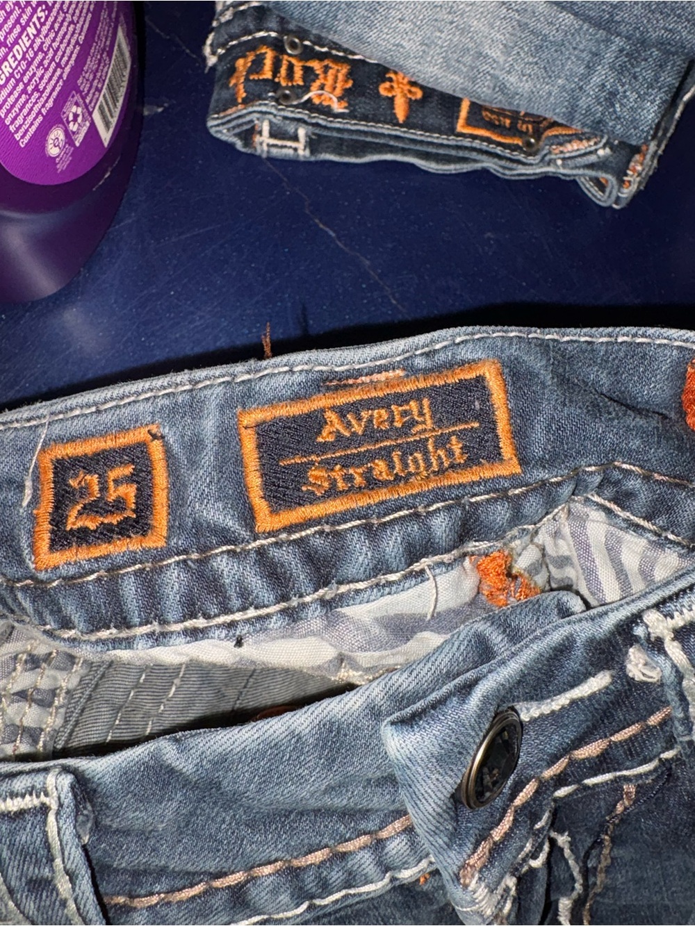 Rock Revival Avery Straight Leg Jeans in Blue with Orange Trim
